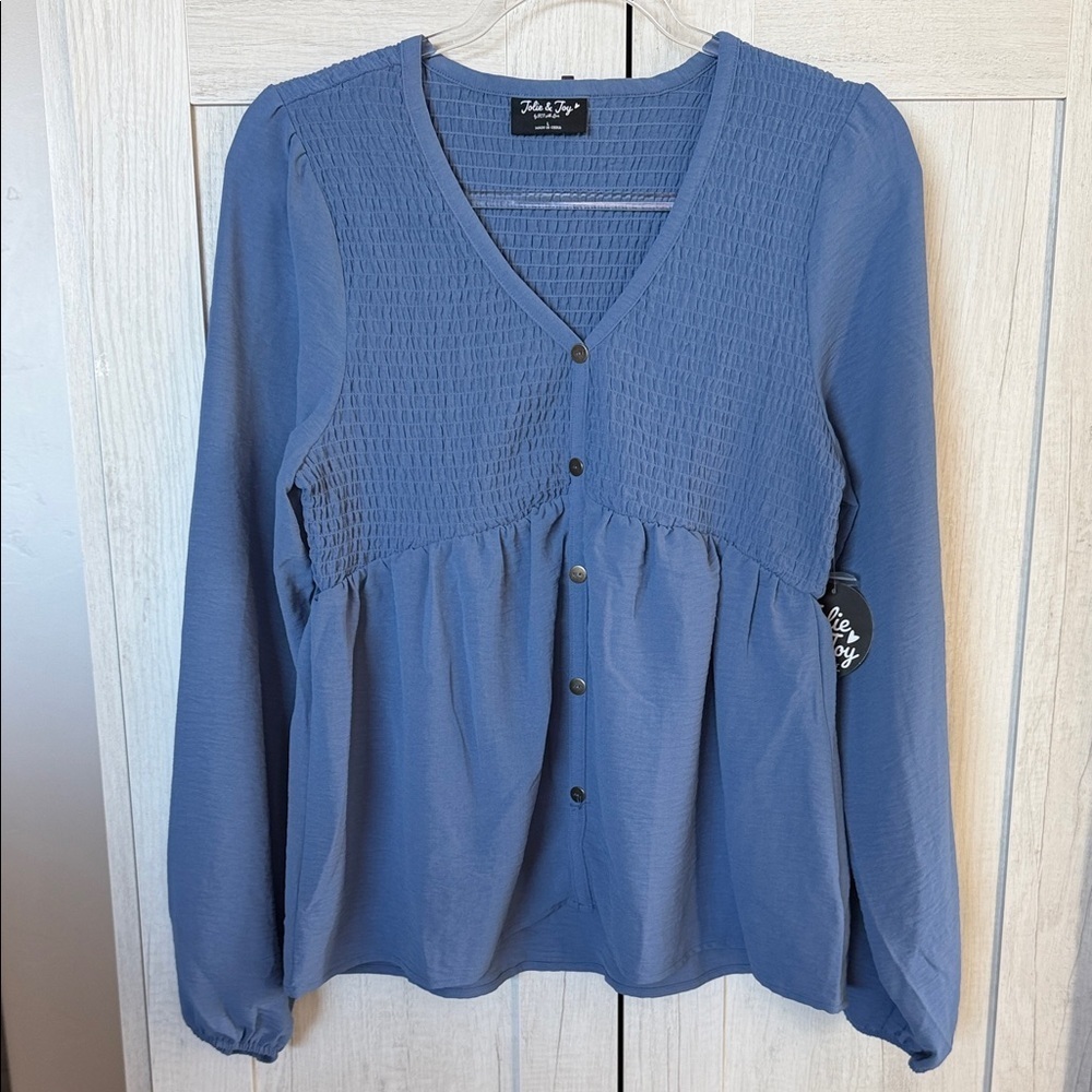 Dusty Blue Smocked V-Neck Button-Front Blouse